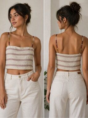 Striped Linen-Blend Cropped Tank Top in Cream and Mauve